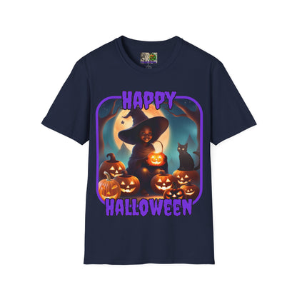 Happy Halloween Cute Witch Purple font Dark colors Unisex T-Shirt by CreepyCrafts.boo