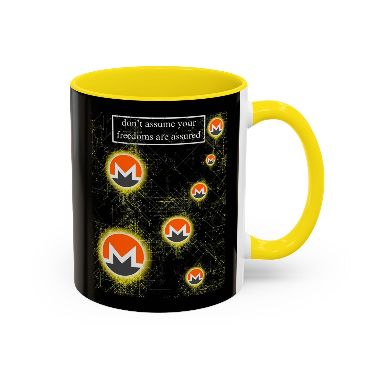 Monero (XMR) don't assume your freedoms are assured Black Accent Mug by cypherpunkgear.com