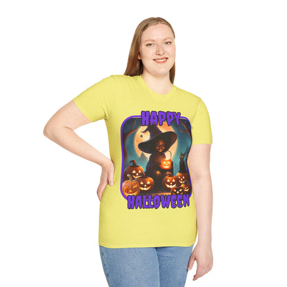 Happy Halloween Cute Witch Purple font Light colors Unisex T-Shirt by CreepyCrafts.boo