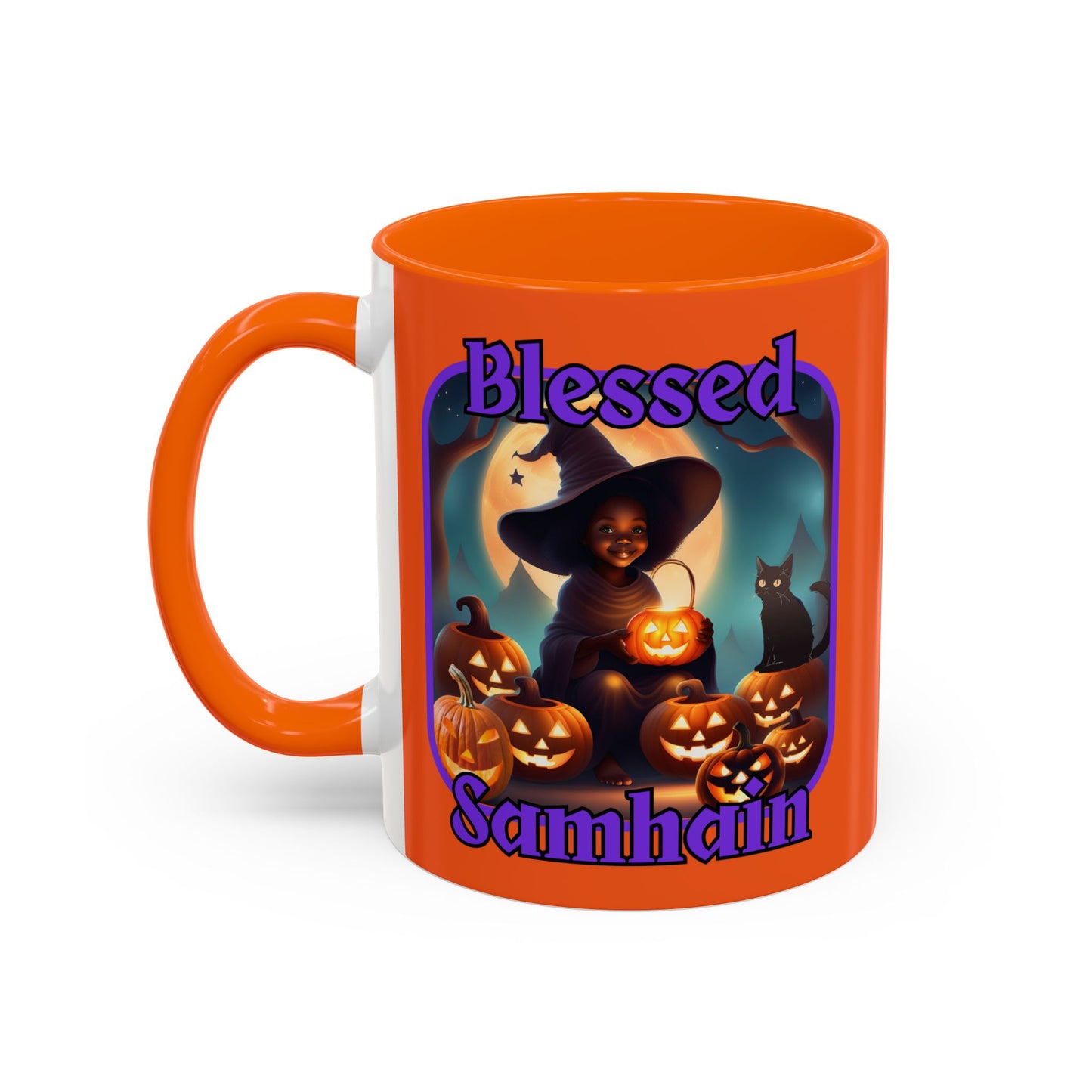 Blessed Samhain Cute Witch Purple font Orange Accent Mug by CreepyCrafts.boo