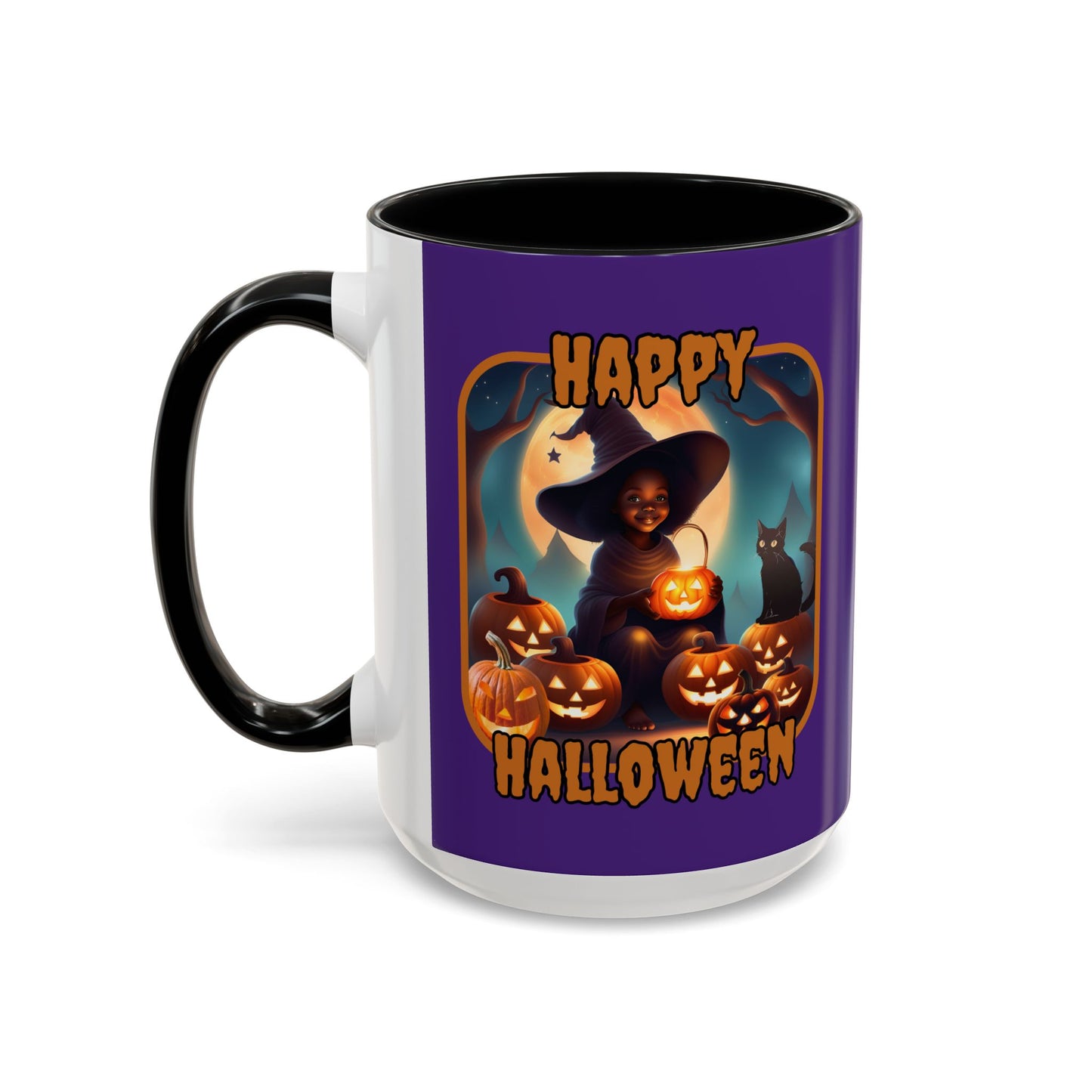 Happy Halloween Cute Witch Orange font Purple Accent Mug by CreepyCrafts.boo