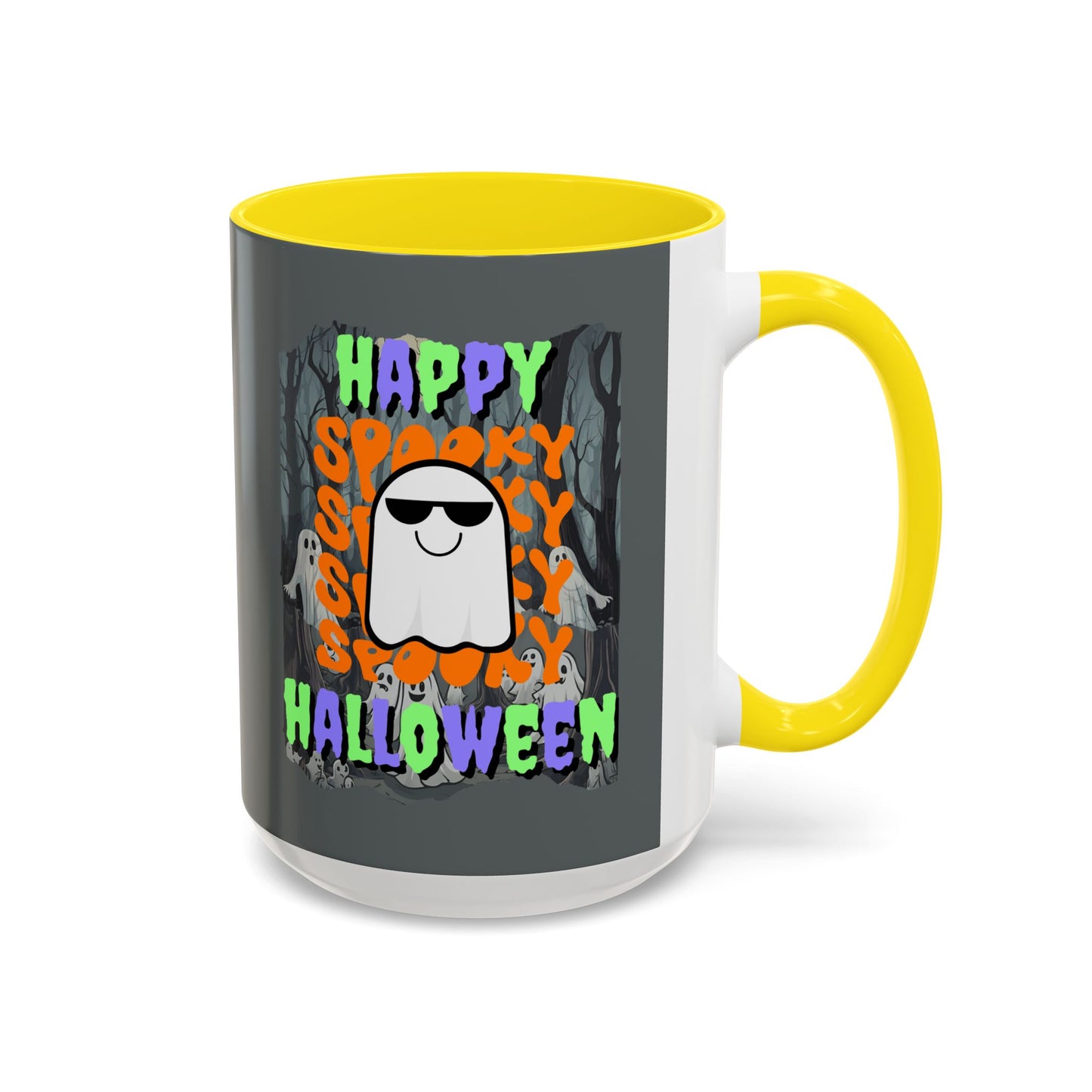 Spooky Happy Halloween Ghost Mixed font Grey Accent Mug by CreepyCrafts.boo