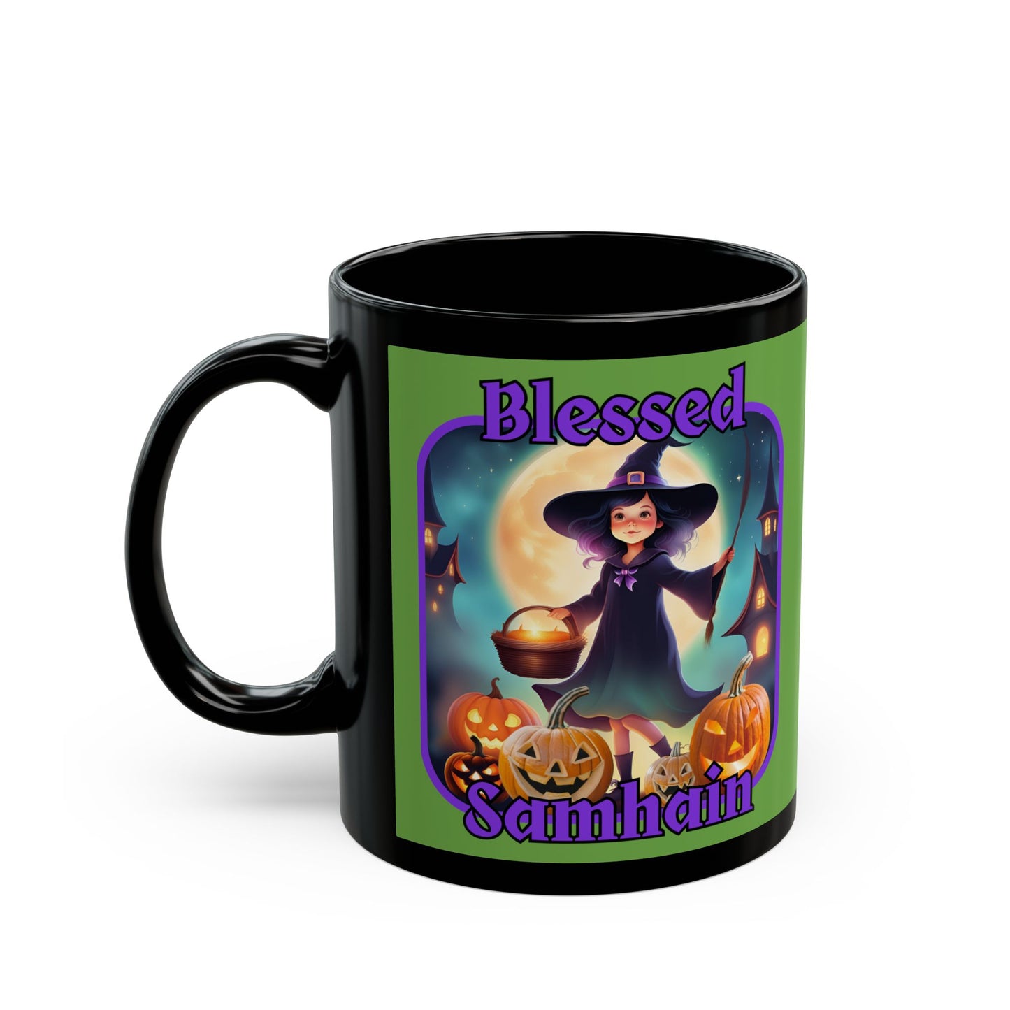 Blessed Samhain Little Witch Purple font Green Mug by CreepyCrafts.boo
