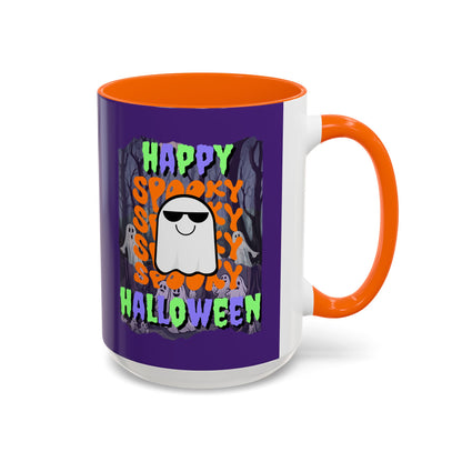 Spooky Happy Halloween Ghost Mixed font Purple Accent Mug by CreepyCrafts.boo