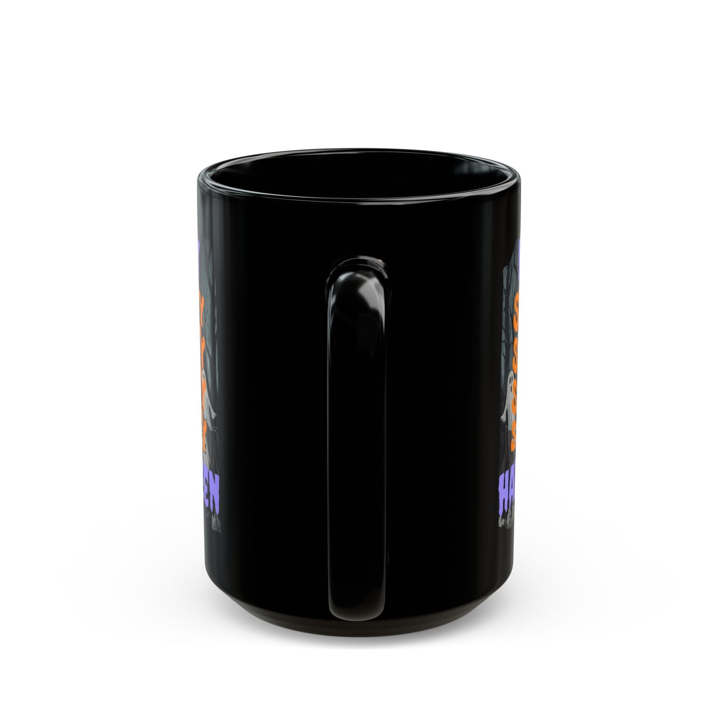 Spooky Happy Halloween Ghost Purple font Black Mug by CreepyCrafts.boo