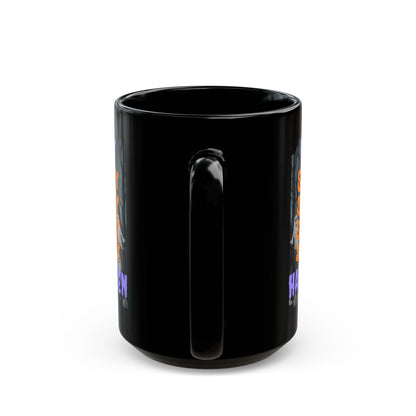 Spooky Happy Halloween Ghost Purple font Black Mug by CreepyCrafts.boo