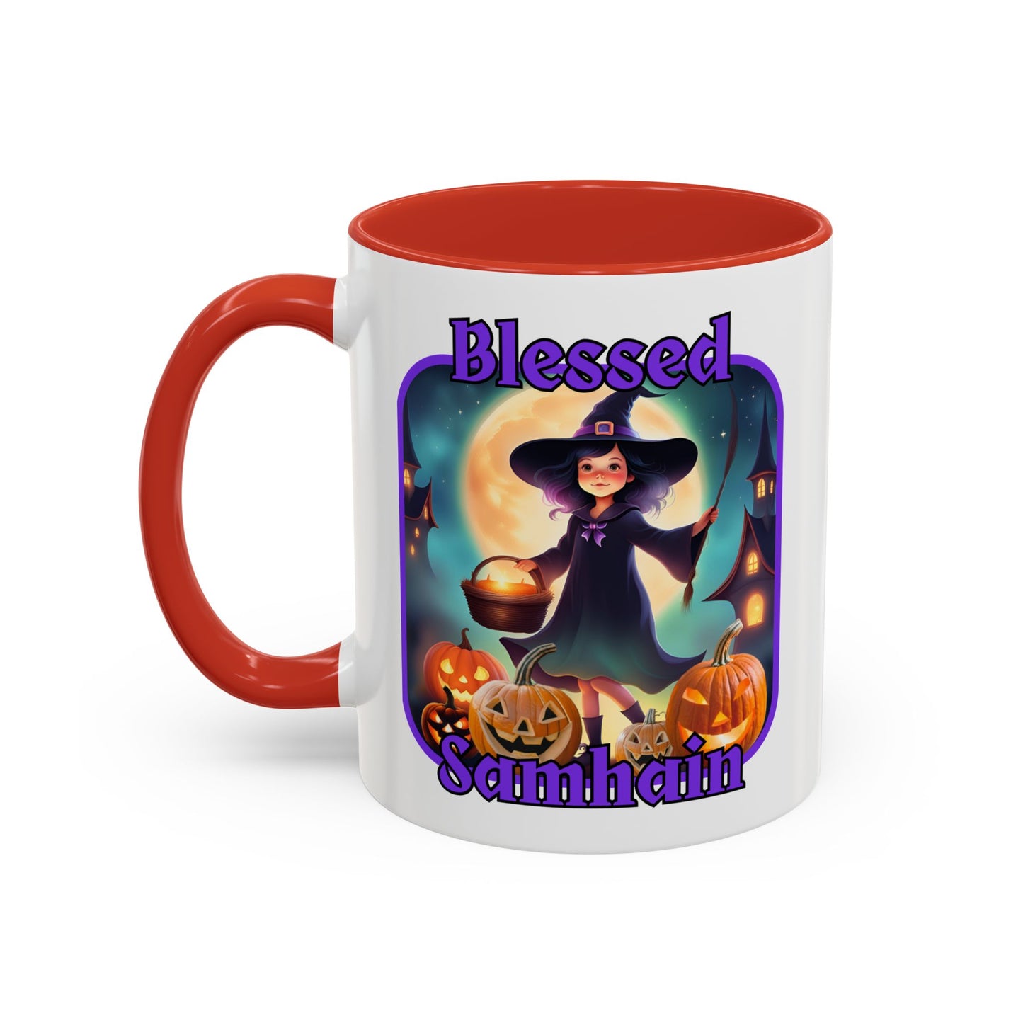 Blessed Samhain Little Witch Purple font White Accent Mug by CreepyCrafts.boo