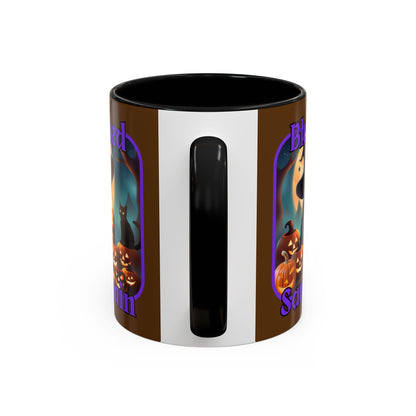 Blessed Samhain Cute Witch Purple font Brown Accent Mug by CreepyCrafts.boo