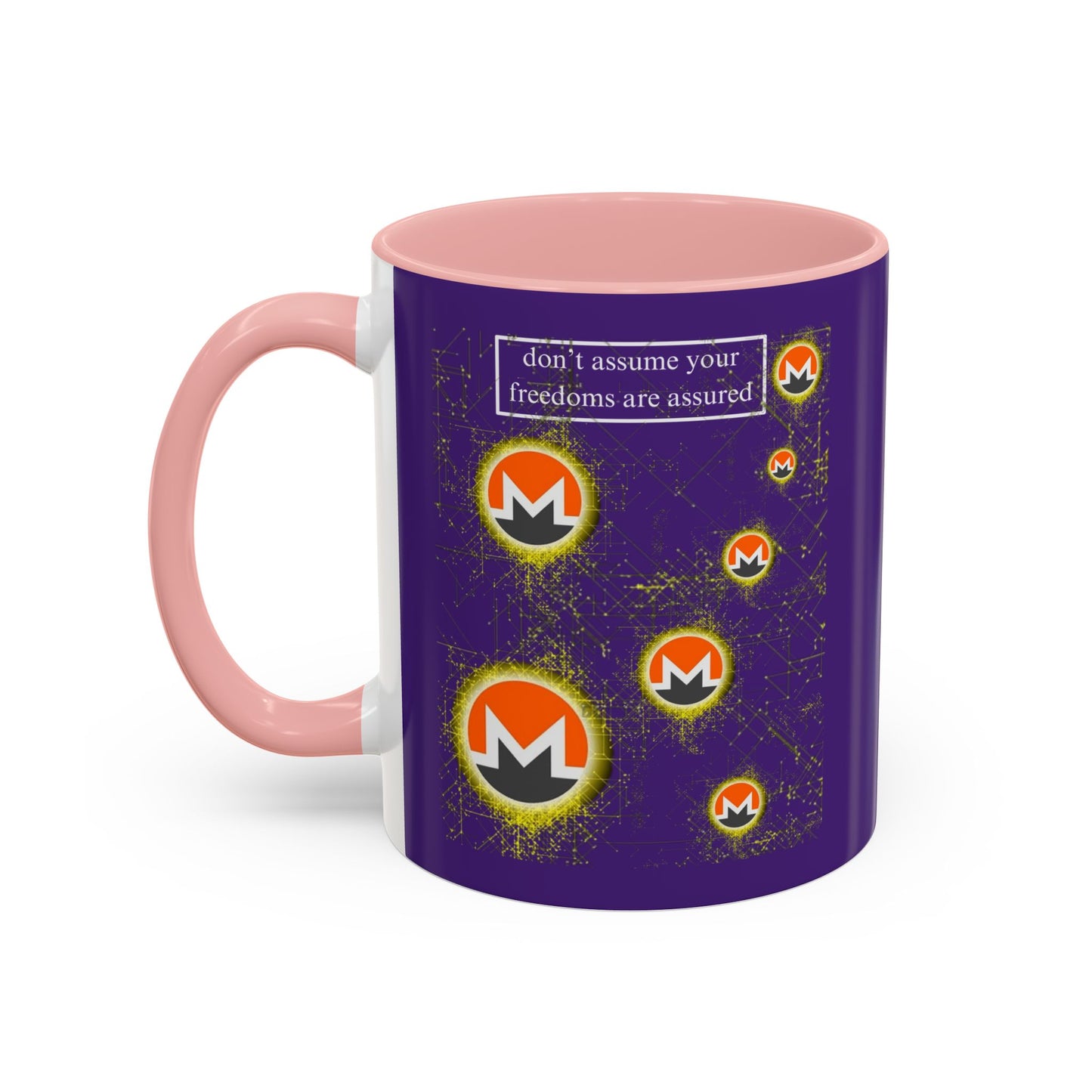 Monero (XMR) don't assume your freedoms are assured Purple Accent Mug by cypherpunkgear.com