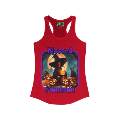 Blessed Samhain Cute Witch Purple font Women's Racerback Tank Top by CreepyCrafts.boo