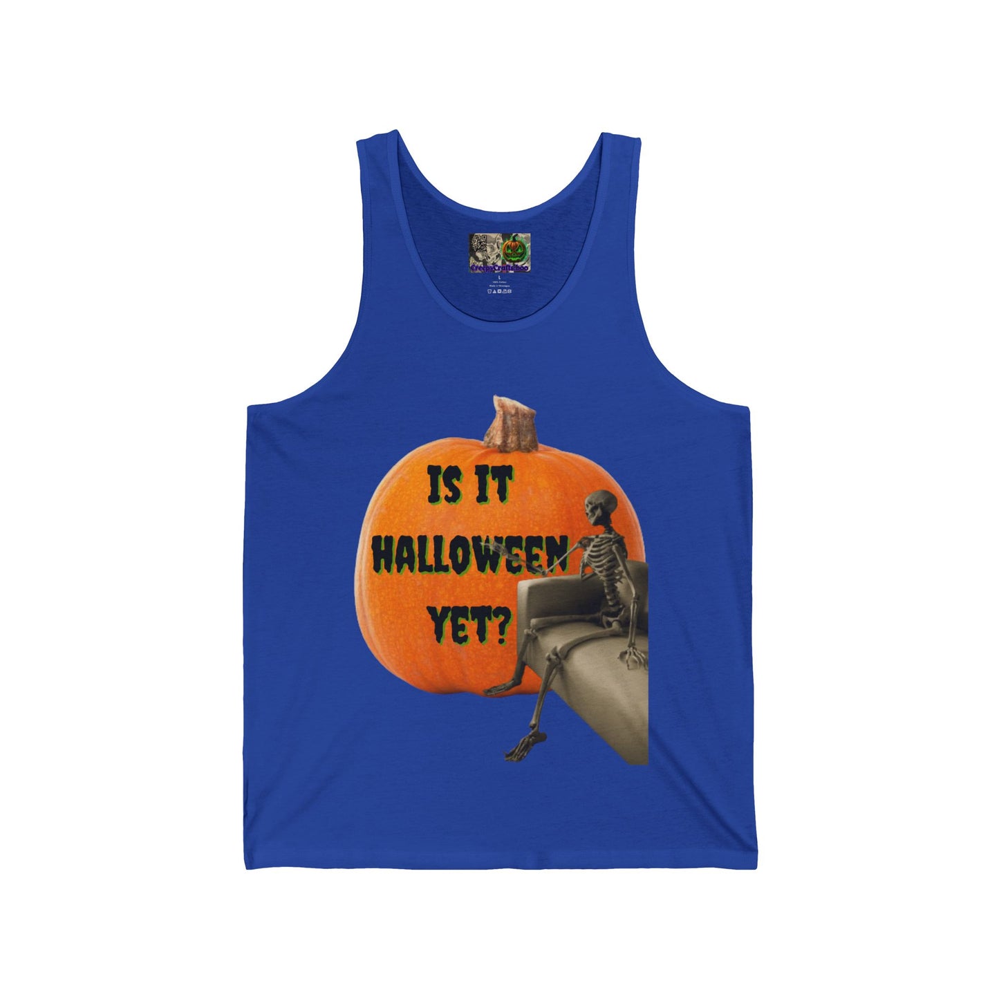 Is it Halloween yet? Skeleton's Giant Pumpkin Unisex Jersey Tank Top by CreepyCrafts.boo