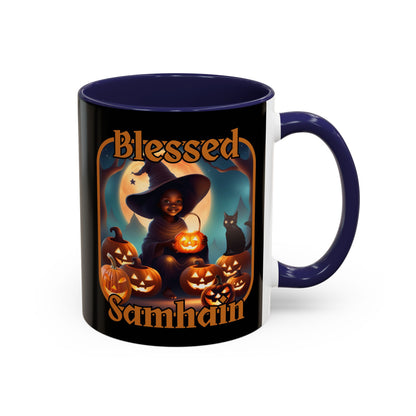 Blessed Samhain Cute Witch Orange font Black Accent Mug by CreepyCrafts.boo
