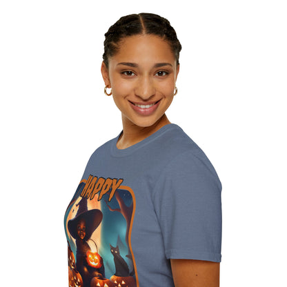 Happy Halloween Cute Witch Orange font, Dark colors, Unisex T-Shirt by CreepyCrafts.boo