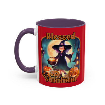 Blessed Samhain Little Witch Orange font Red Accent Mug by CreepyCrafts.boo