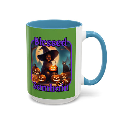 Blessed Samhain Cute Witch Purple font Green Accent Mug by CreepyCrafts.boo