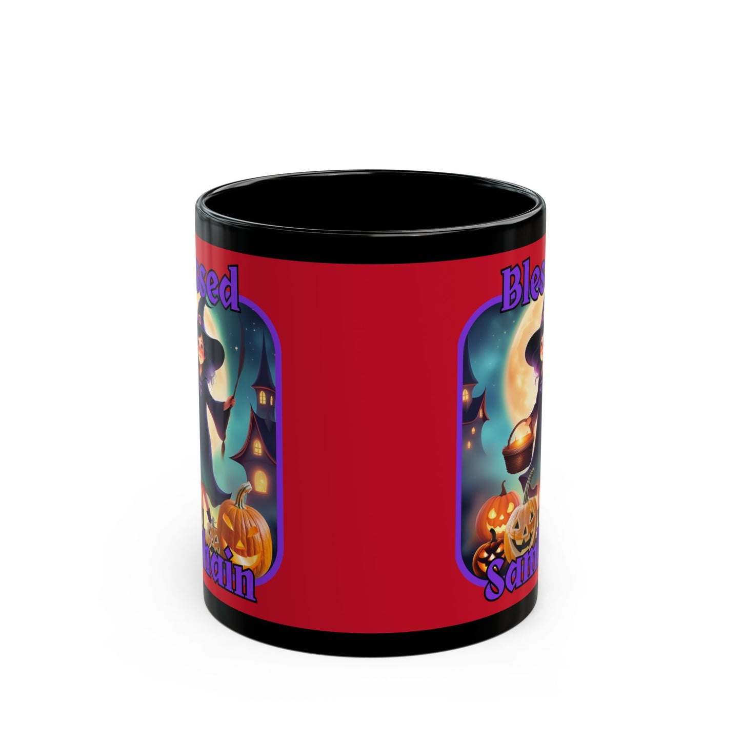Blessed Samhain Little Witch Purple font Red Mug by CreepyCrafts.boo
