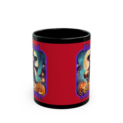 Blessed Samhain Little Witch Purple font Red Mug by CreepyCrafts.boo