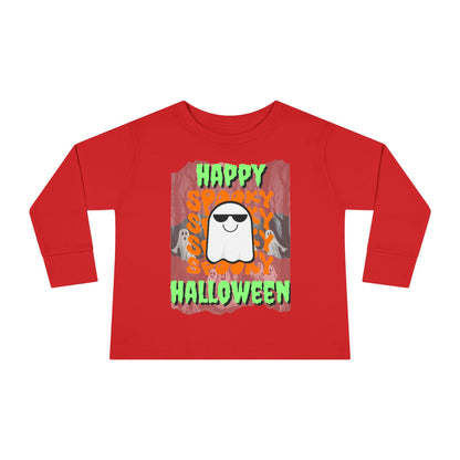 Spooky Happy Halloween Ghost Green font Toddler Long Sleeve Tee by CreepyCrafts.boo