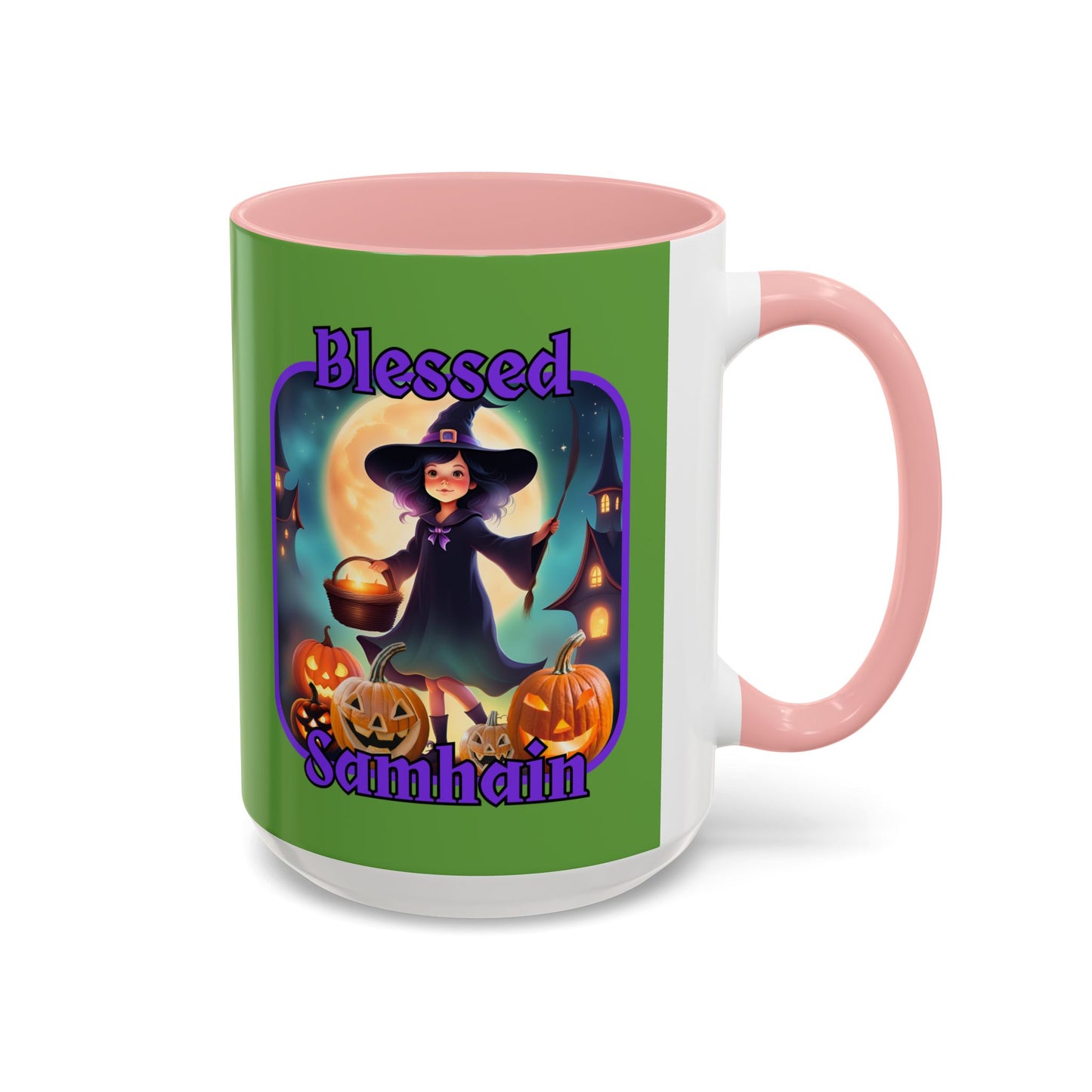Blessed Samhain Little Witch Purple font Green Accent Mug by CreepyCrafts.boo
