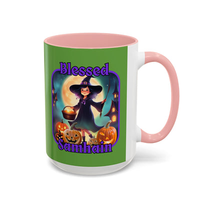 Blessed Samhain Little Witch Purple font Green Accent Mug by CreepyCrafts.boo