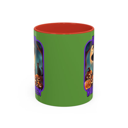 Happy Halloween Cute Witch Purple font Green Accent Mug by CreepyCrafts.boo