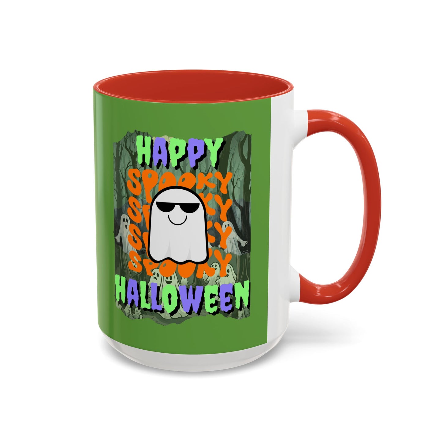 Spooky Happy Halloween Ghost Mixed font Green Accent Mug by CreepyCrafts.boo