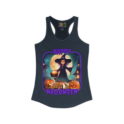 Happy Halloween Little Witch Purple font Women's Racerback Tank Top by CreepyCrafts.boo