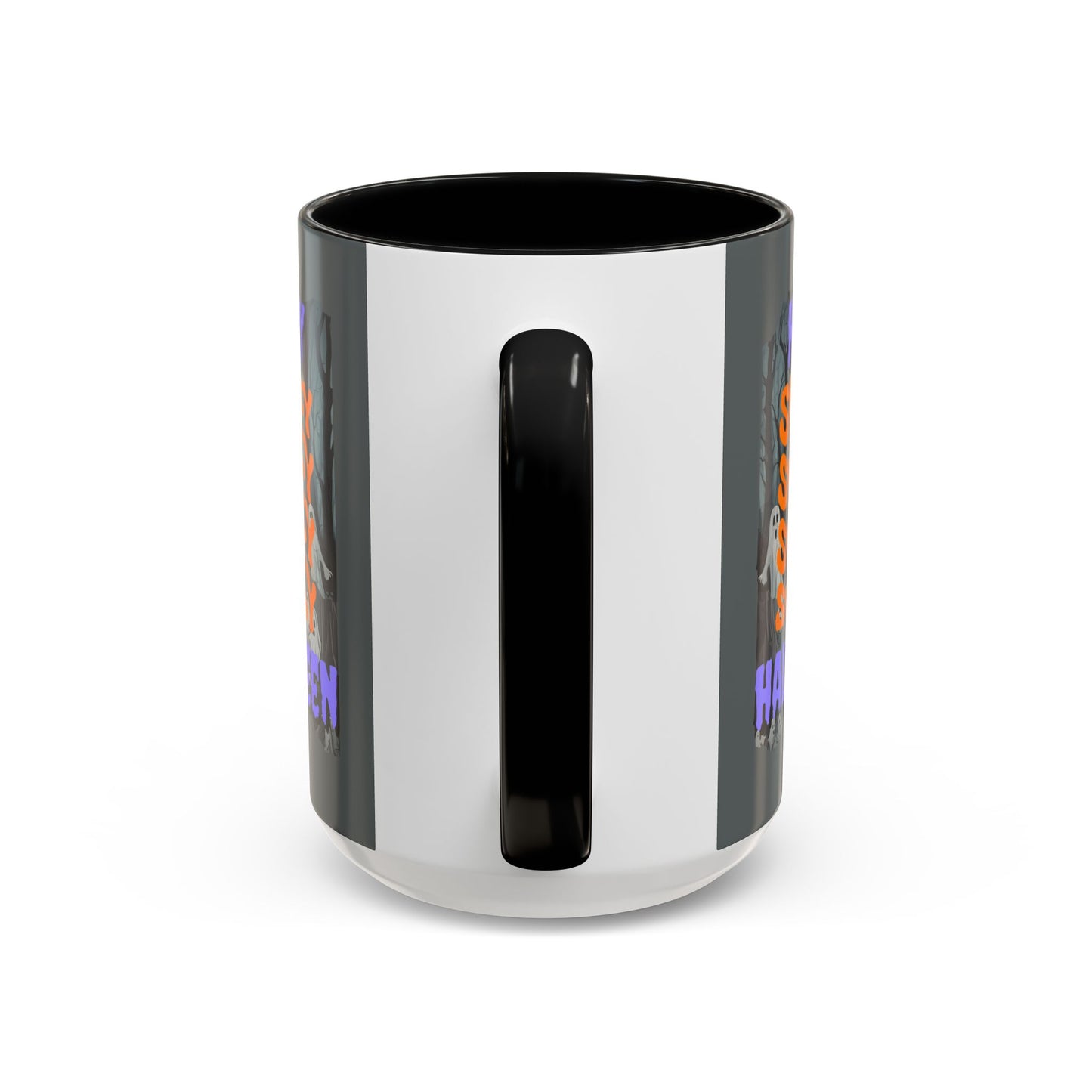 Spooky Happy Halloween Ghost Purple font Grey Accent Mug by CreepyCrafts.boo