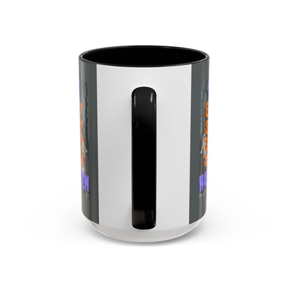 Spooky Happy Halloween Ghost Purple font Grey Accent Mug by CreepyCrafts.boo
