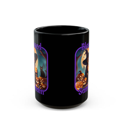 Blessed Samhain Cute Witch Purple font Black Mug by CreepyCrafts.boo