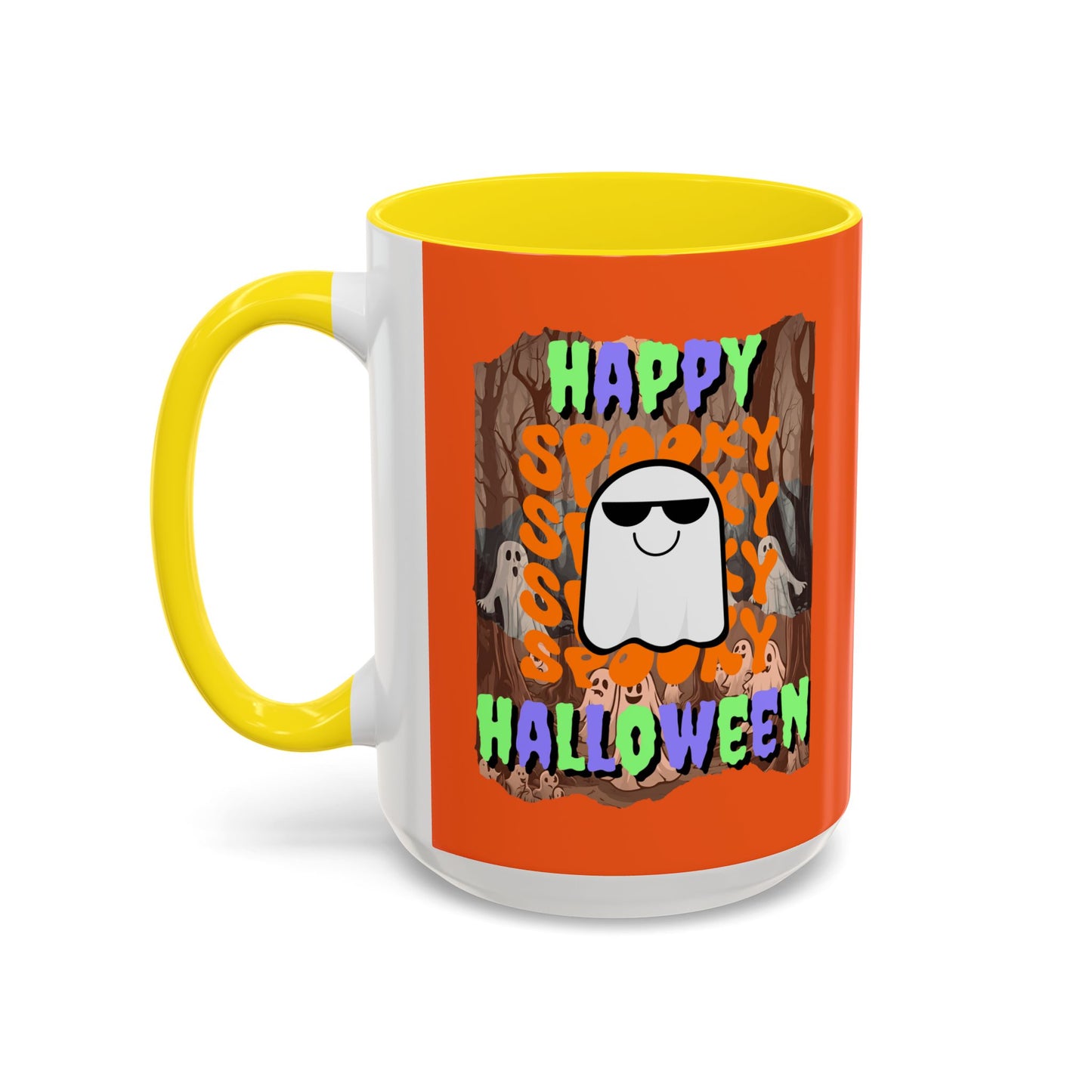 Spooky Happy Halloween Ghost Mixed font Orange Accent Mug by CreepyCrafts.boo