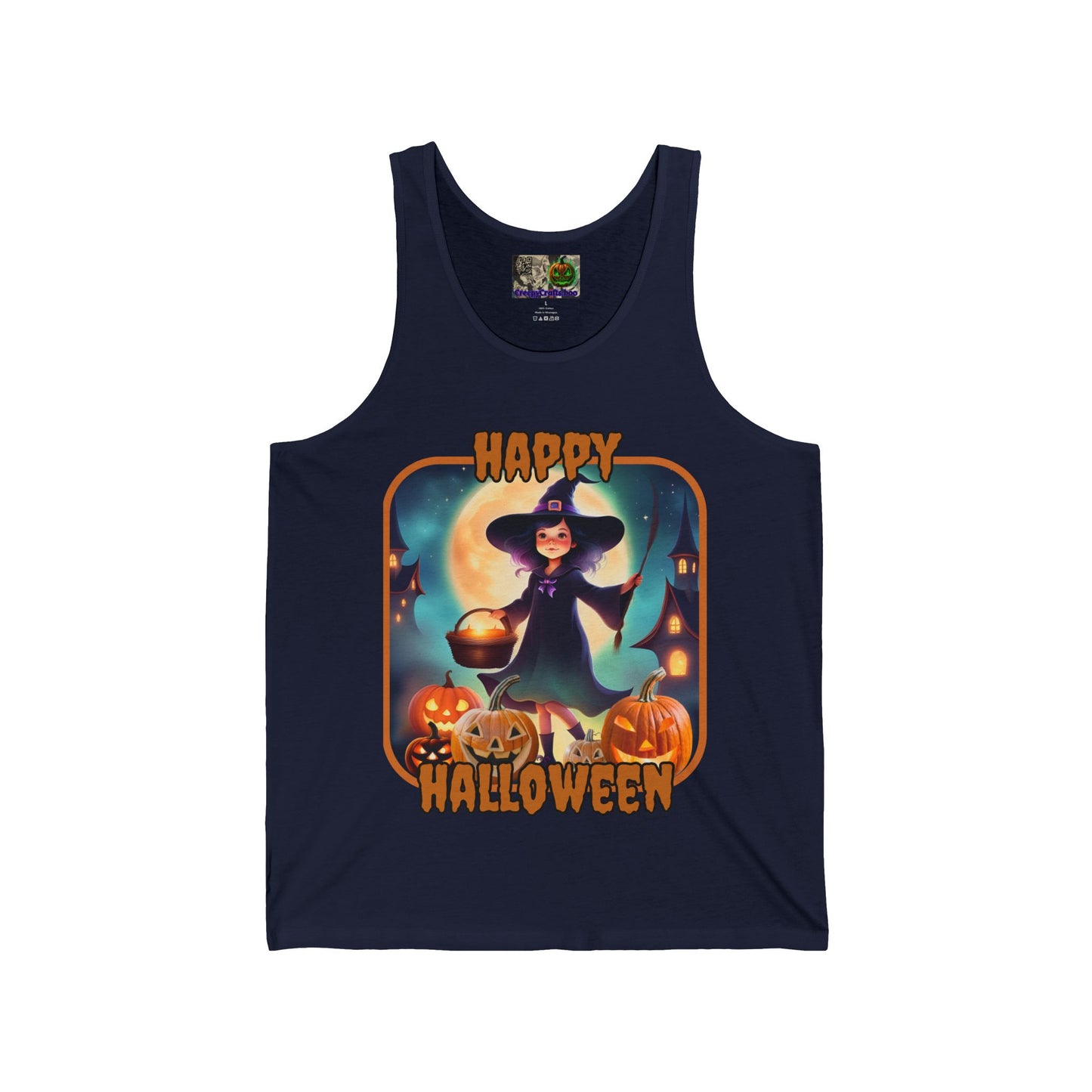 Happy Halloween Little Witch Orange font Unisex Jersey Tank Top by CreepyCrafts.boo