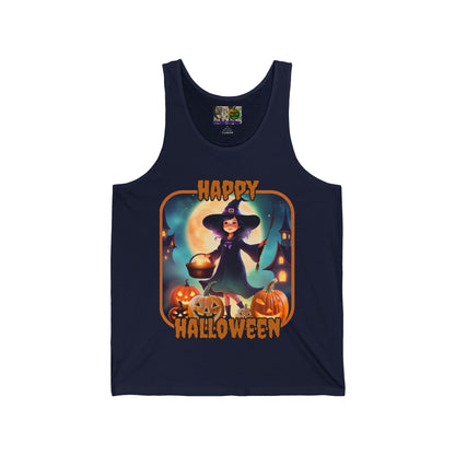 Happy Halloween Little Witch Orange font Unisex Jersey Tank Top by CreepyCrafts.boo