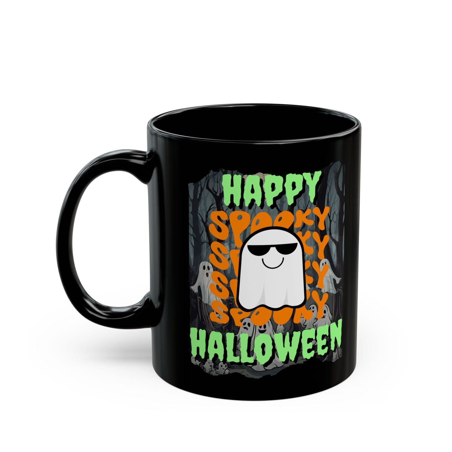 Spooky Happy Halloween Ghost Green font Black Mug by CreepyCrafts.boo