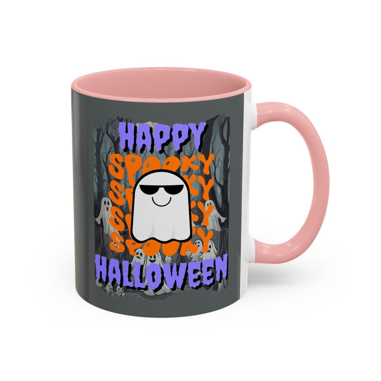Spooky Happy Halloween Ghost Purple font Grey Accent Mug by CreepyCrafts.boo