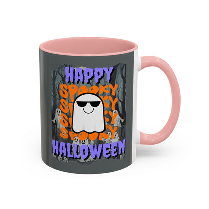 Spooky Happy Halloween Ghost Purple font Grey Accent Mug by CreepyCrafts.boo