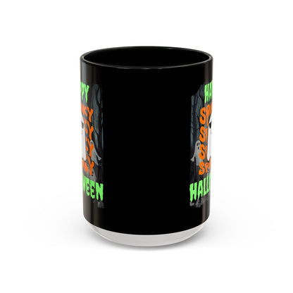 Spooky Happy Halloween Ghost Green font Black Accent Mug by CreepyCrafts.boo