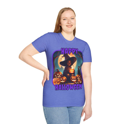 Happy Halloween Cute Witch Purple font Light colors Unisex T-Shirt by CreepyCrafts.boo