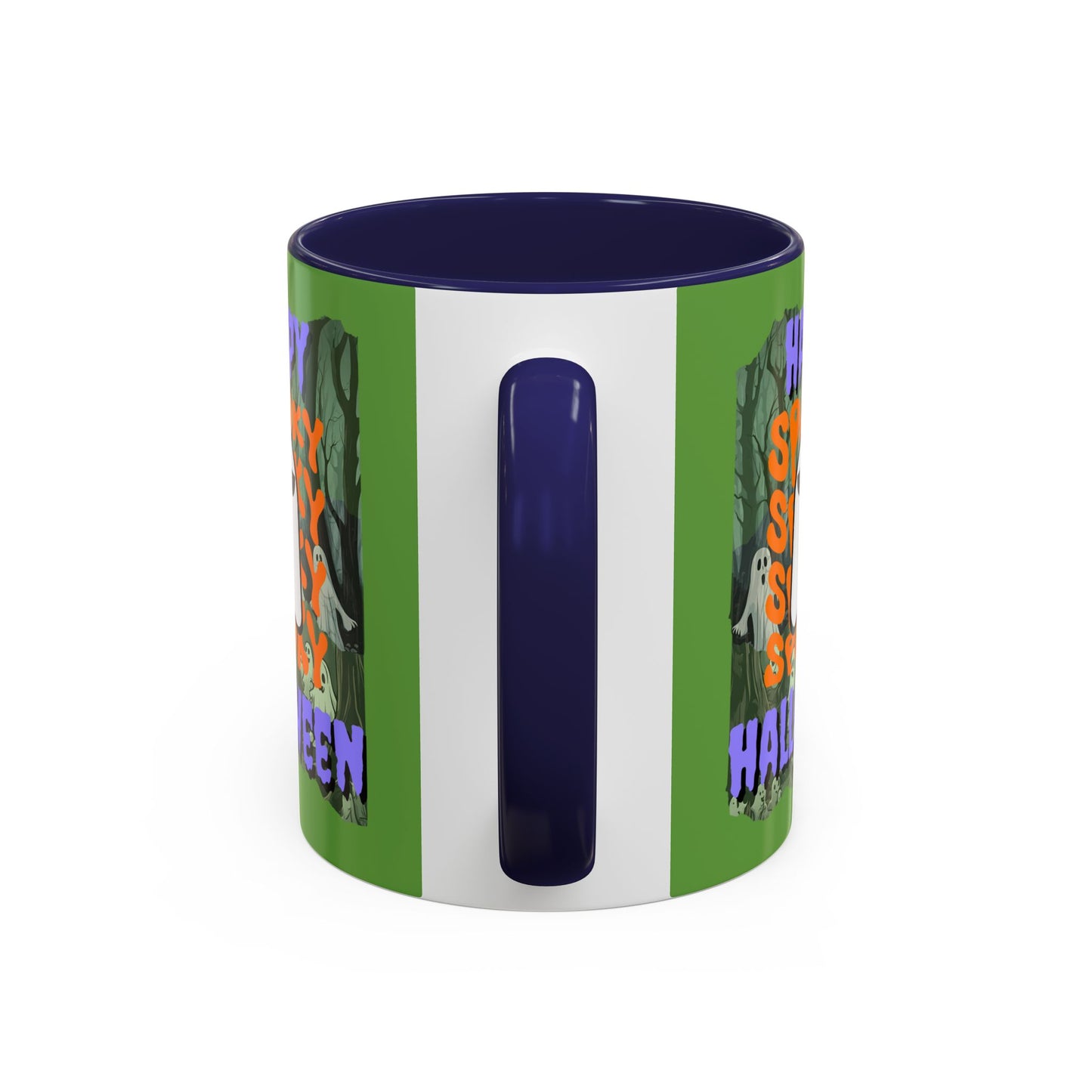 Spooky Happy Halloween Ghost Purple font Green Accent Mug by CreepyCrafts.boo