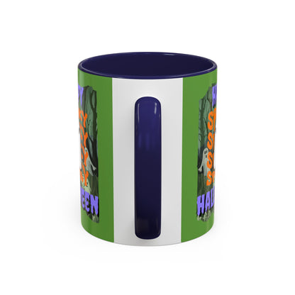 Spooky Happy Halloween Ghost Purple font Green Accent Mug by CreepyCrafts.boo