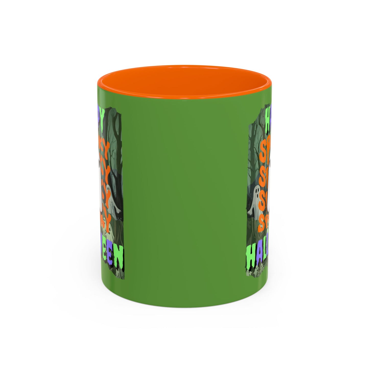 Spooky Happy Halloween Ghost Mixed font Green Accent Mug by CreepyCrafts.boo