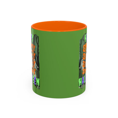 Spooky Happy Halloween Ghost Mixed font Green Accent Mug by CreepyCrafts.boo