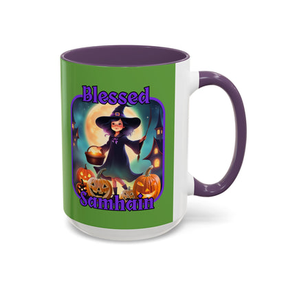 Blessed Samhain Little Witch Purple font Green Accent Mug by CreepyCrafts.boo
