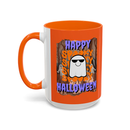 Spooky Happy Halloween Ghost Purple font Orange Accent Mug by CreepyCrafts.boo