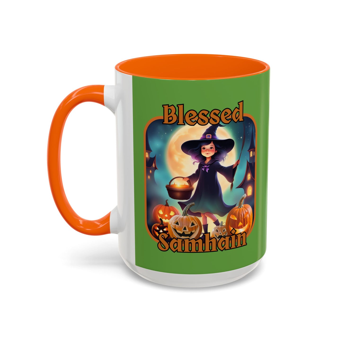 Blessed Samhain Little Witch Orange font Green Accent Mug by CreepyCrafts.boo