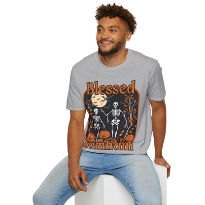 Spooktacular Skeletons of Samhain Light colors Unisex T-Shirt by CreepyCrafts.boo