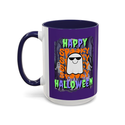 Spooky Happy Halloween Ghost Mixed font Purple Accent Mug by CreepyCrafts.boo