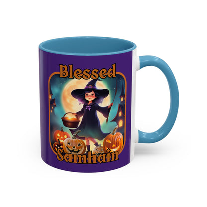 Blessed Samhain Little Witch Orange font Purple Accent Mug by CreepyCrafts.boo
