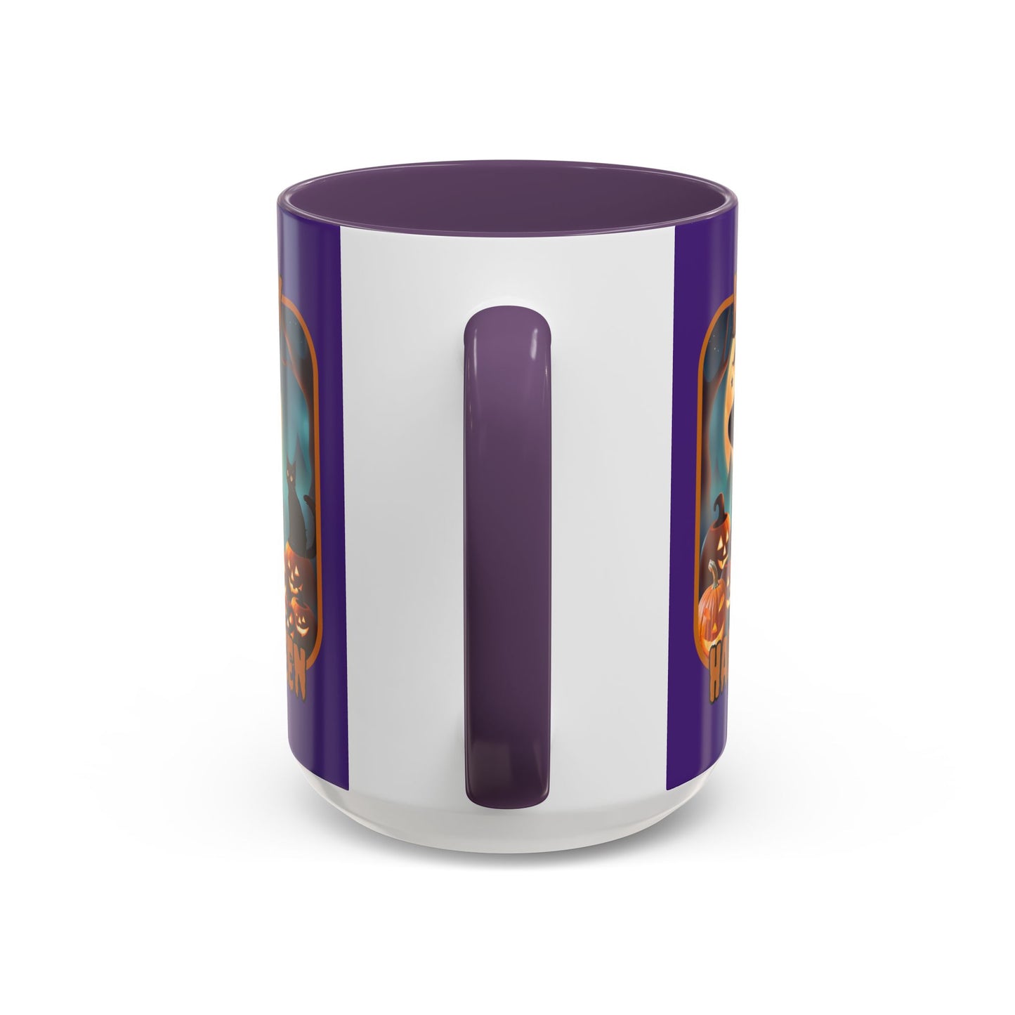 Happy Halloween Cute Witch Orange font Purple Accent Mug by CreepyCrafts.boo