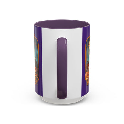 Happy Halloween Cute Witch Orange font Purple Accent Mug by CreepyCrafts.boo